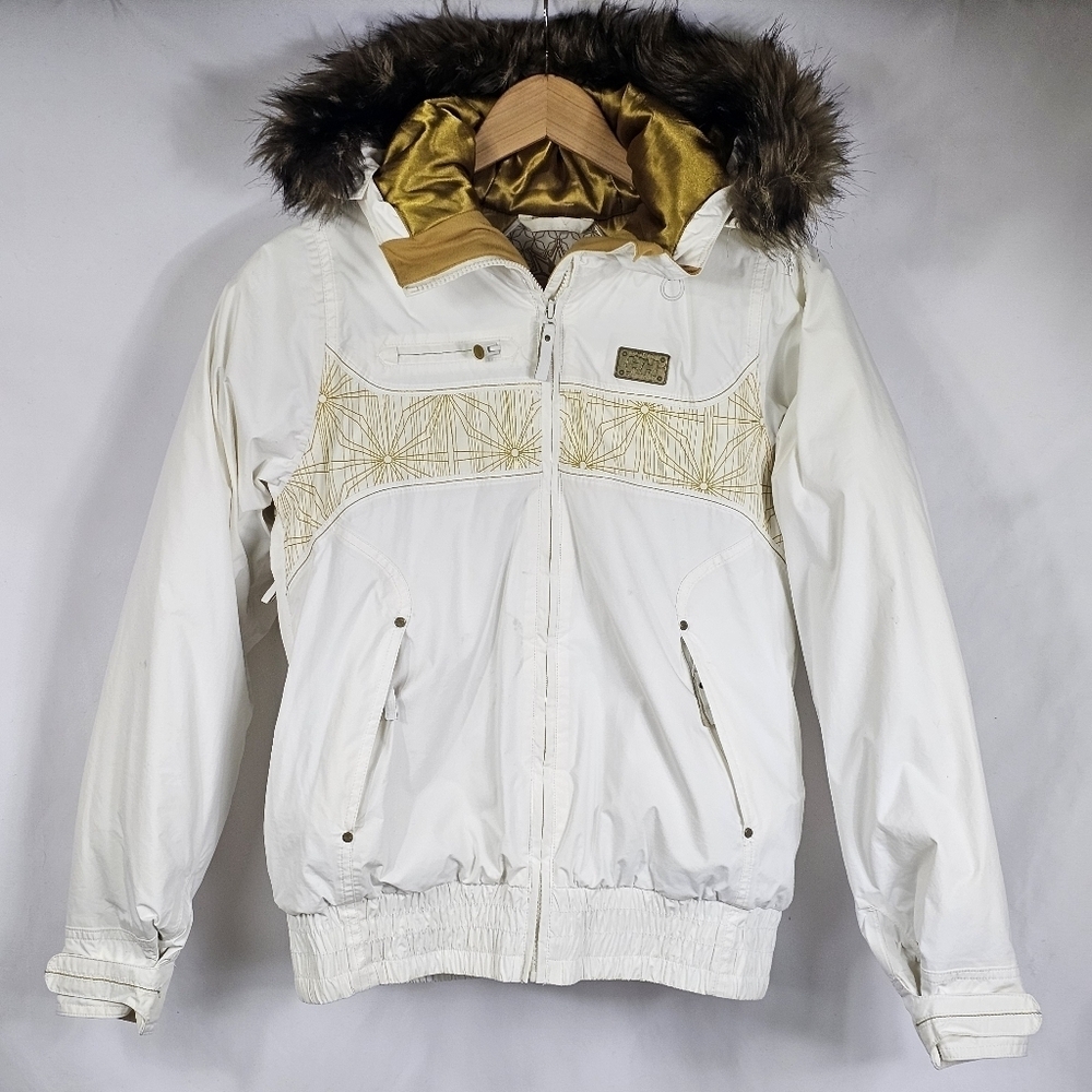 Helly Hansen White and Gold Women's Puffer Jacket with Faux Fur Hood
